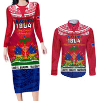 Haiti Independence Day Couples Matching Long Sleeve Bodycon Dress and Long Sleeve Button Shirt Libete Egalite Fratenite Ayiti 1804 With Polynesian Pattern LT9 Red - Polynesian Pride