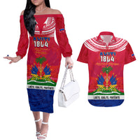Haiti Independence Day Couples Matching Off The Shoulder Long Sleeve Dress and Hawaiian Shirt Libete Egalite Fratenite Ayiti 1804 With Polynesian Pattern LT9 Red - Polynesian Pride