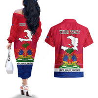 Haiti Independence Day Couples Matching Off The Shoulder Long Sleeve Dress and Hawaiian Shirt Libete Egalite Fratenite Ayiti 1804 With Polynesian Pattern LT9 - Polynesian Pride
