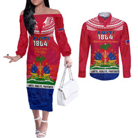 Haiti Independence Day Couples Matching Off The Shoulder Long Sleeve Dress and Long Sleeve Button Shirt Libete Egalite Fratenite Ayiti 1804 With Polynesian Pattern LT9 Red - Polynesian Pride