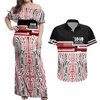 Personalised Toitu Te Tiriti Aotearoa 1840 Couples Matching Off Shoulder Maxi Dress and Hawaiian Shirt Red Kowhaiwhai Puhoro - Polynesian Pride