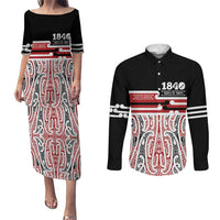 Personalised Toitu Te Tiriti Aotearoa 1840 Couples Matching Puletasi and Long Sleeve Button Shirt Red Kowhaiwhai Puhoro - Polynesian Pride