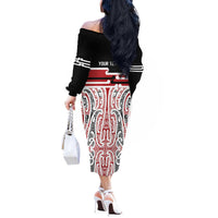 Personalised Toitu Te Tiriti Aotearoa 1840 Off The Shoulder Long Sleeve Dress Red Kowhaiwhai Puhoro - Polynesian Pride