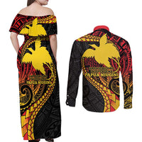 Papua New Guinea Tribal Tattoo Couples Matching Off Shoulder Maxi Dress and Long Sleeve Button Shirt 50th Independence Anniversary