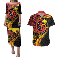 Papua New Guinea Tribal Tattoo Couples Matching Puletasi and Hawaiian Shirt 50th Independence Anniversary