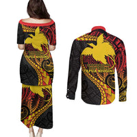 Papua New Guinea Tribal Tattoo Couples Matching Puletasi and Long Sleeve Button Shirt 50th Independence Anniversary