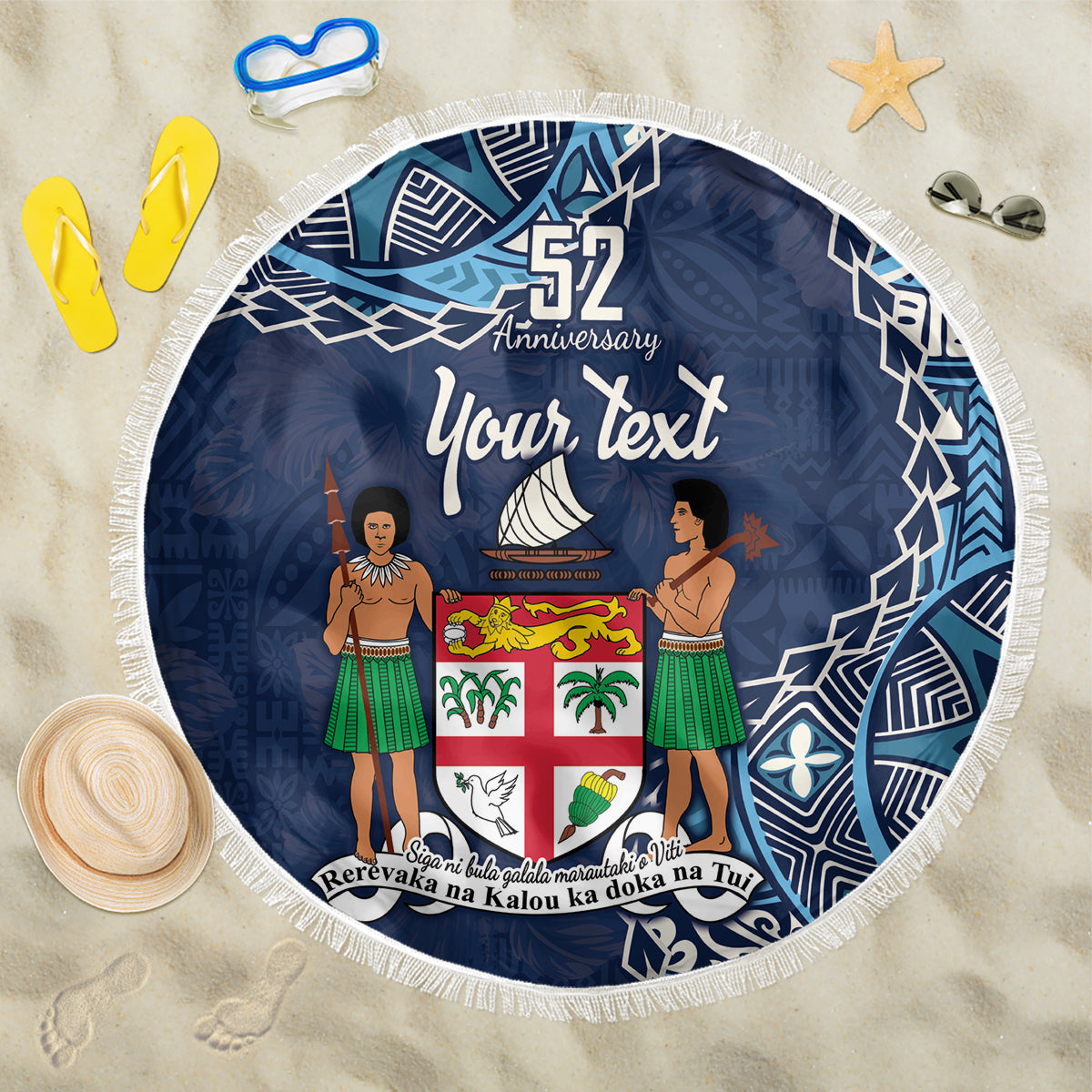 Personalised Fiji 54th Anniversary Beach Blanket Siga Ni Bula Galala Marautaki O Viti