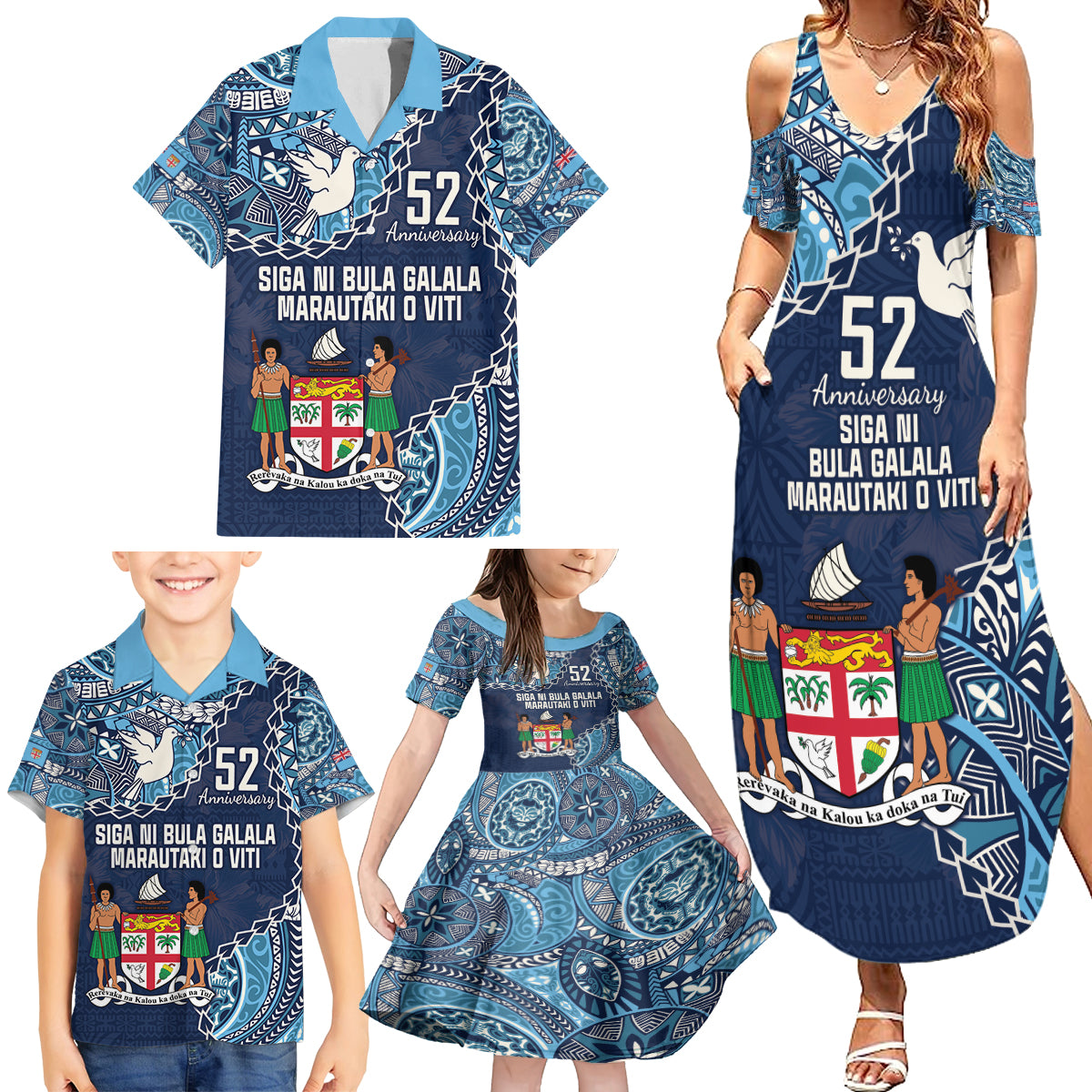 Personalised Fiji 54th Anniversary Family Matching Summer Maxi Dress and Hawaiian Shirt Siga Ni Bula Galala Marautaki O Viti
