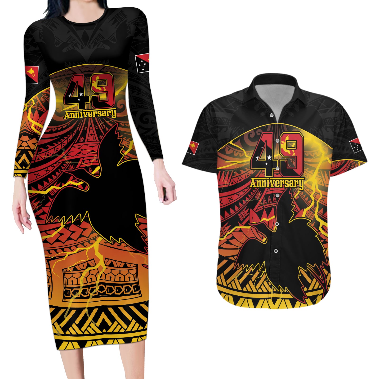 Personalised Papua New Guinea 49th Anniversary Couples Matching Long Sleeve Bodycon Dress and Hawaiian Shirt Bird of Paradise Unity In Diversity