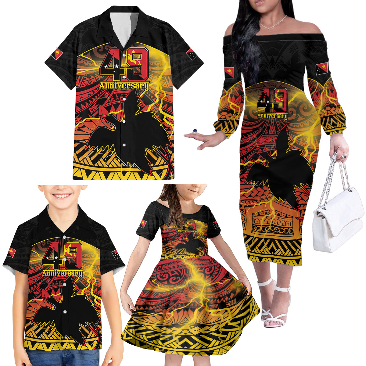 Personalised Papua New Guinea 49th Anniversary Family Matching Off The Shoulder Long Sleeve Dress and Hawaiian Shirt Bird of Paradise Unity In Diversity