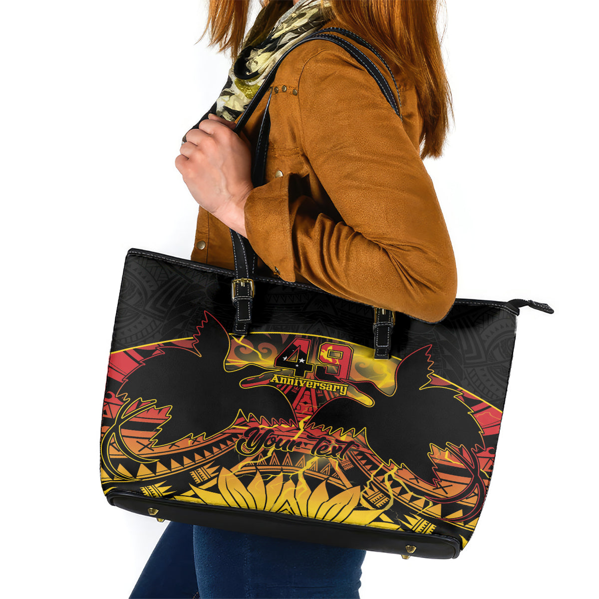 Personalised Papua New Guinea 49th Anniversary Leather Tote Bag Bird of Paradise Unity In Diversity