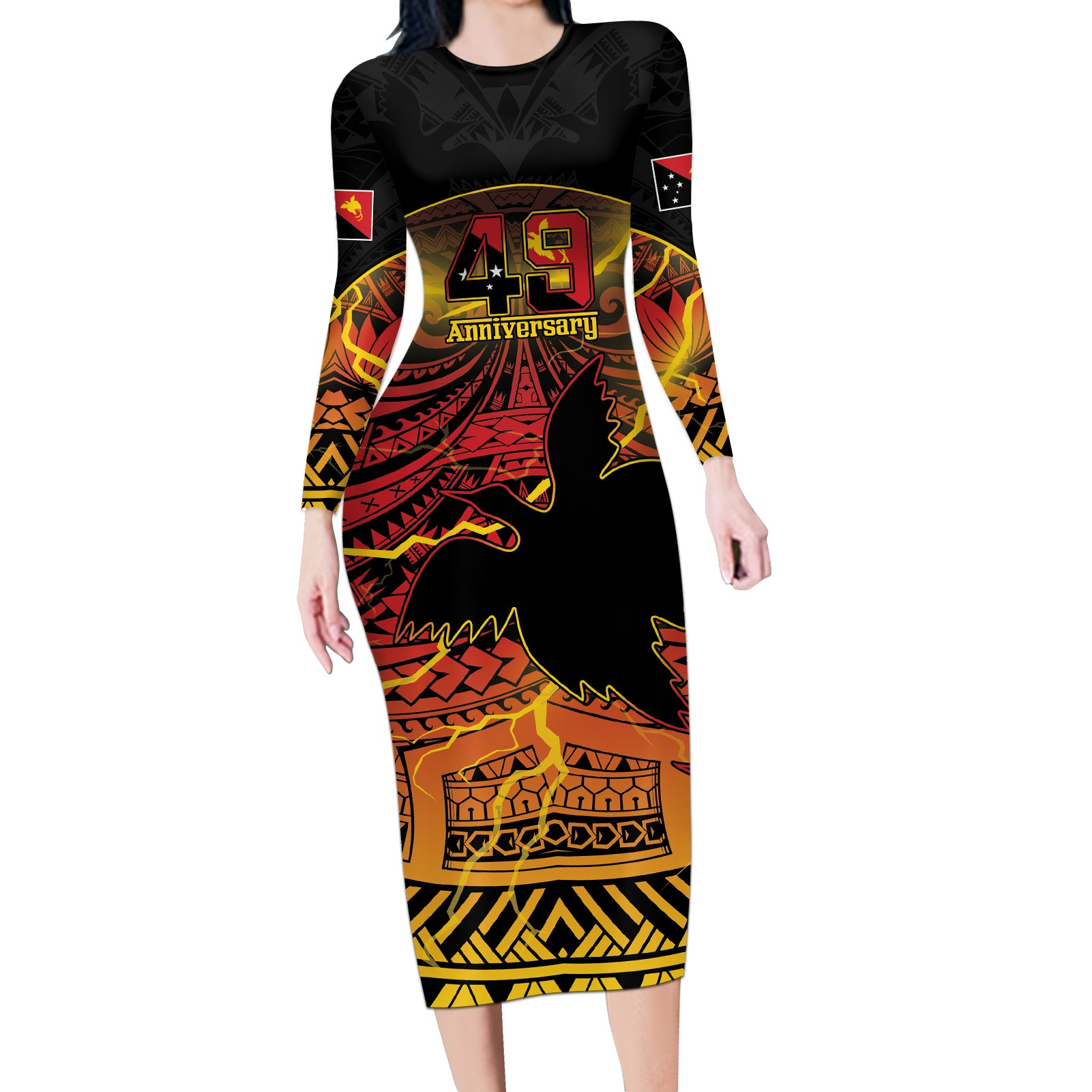 Personalised Papua New Guinea 49th Anniversary Long Sleeve Bodycon Dress Bird of Paradise Unity In Diversity