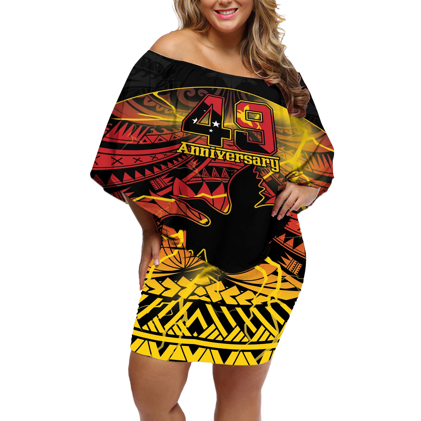 Personalised Papua New Guinea 49th Anniversary Off Shoulder Short Dress Bird of Paradise Unity In Diversity
