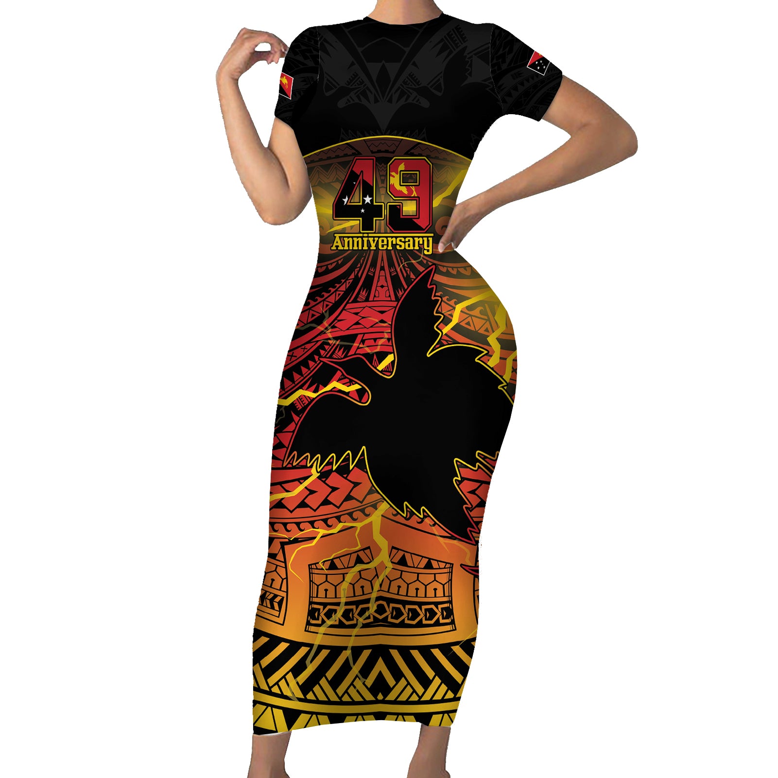 Personalised Papua New Guinea 49th Anniversary Short Sleeve Bodycon Dress Bird of Paradise Unity In Diversity