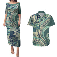 Hawaiian Hibiscus Tribal Vintage Motif Couples Matching Puletasi and Hawaiian Shirt Ver 1