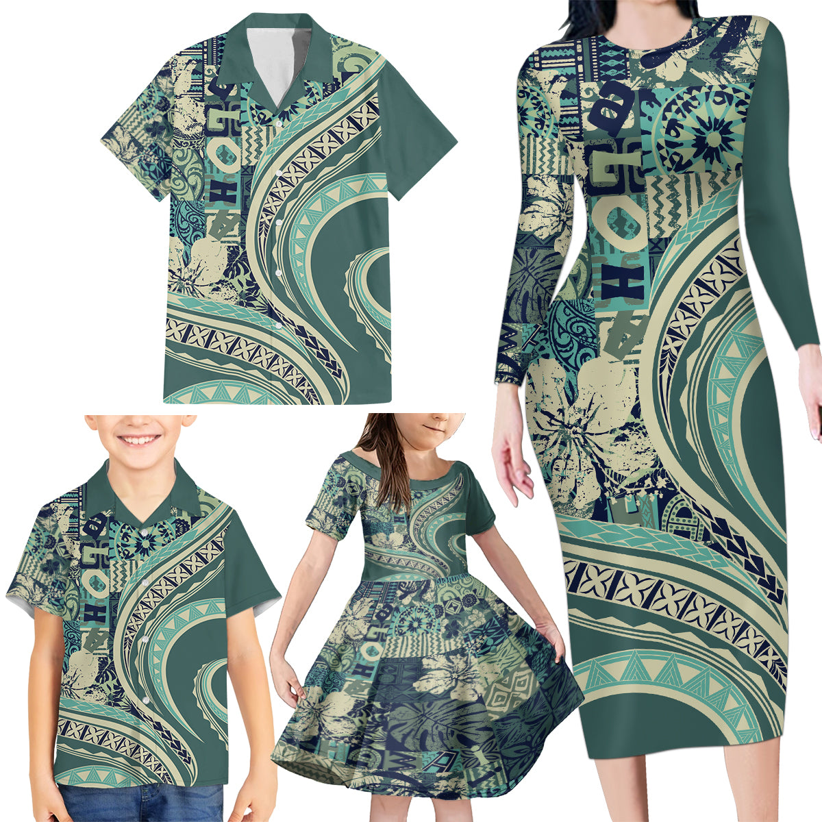 Hawaiian Hibiscus Tribal Vintage Motif Family Matching Long Sleeve Bodycon Dress and Hawaiian Shirt Ver 1