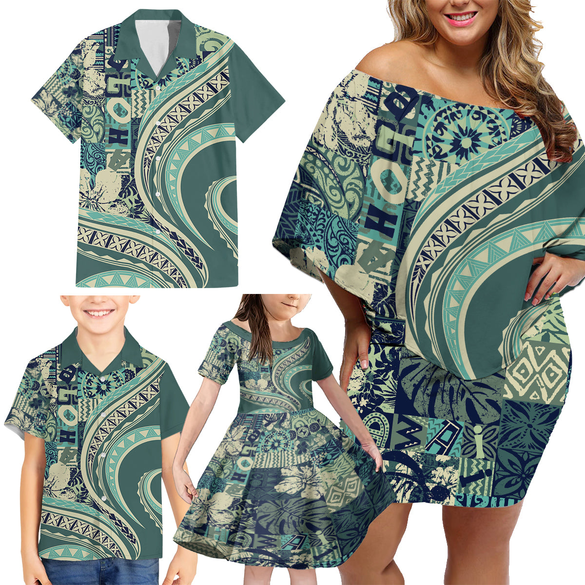 Hawaiian Hibiscus Tribal Vintage Motif Family Matching Off Shoulder Short Dress and Hawaiian Shirt Ver 1