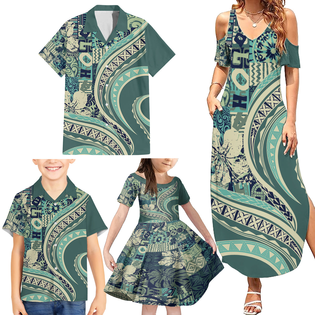 Hawaiian Hibiscus Tribal Vintage Motif Family Matching Summer Maxi Dress and Hawaiian Shirt Ver 1