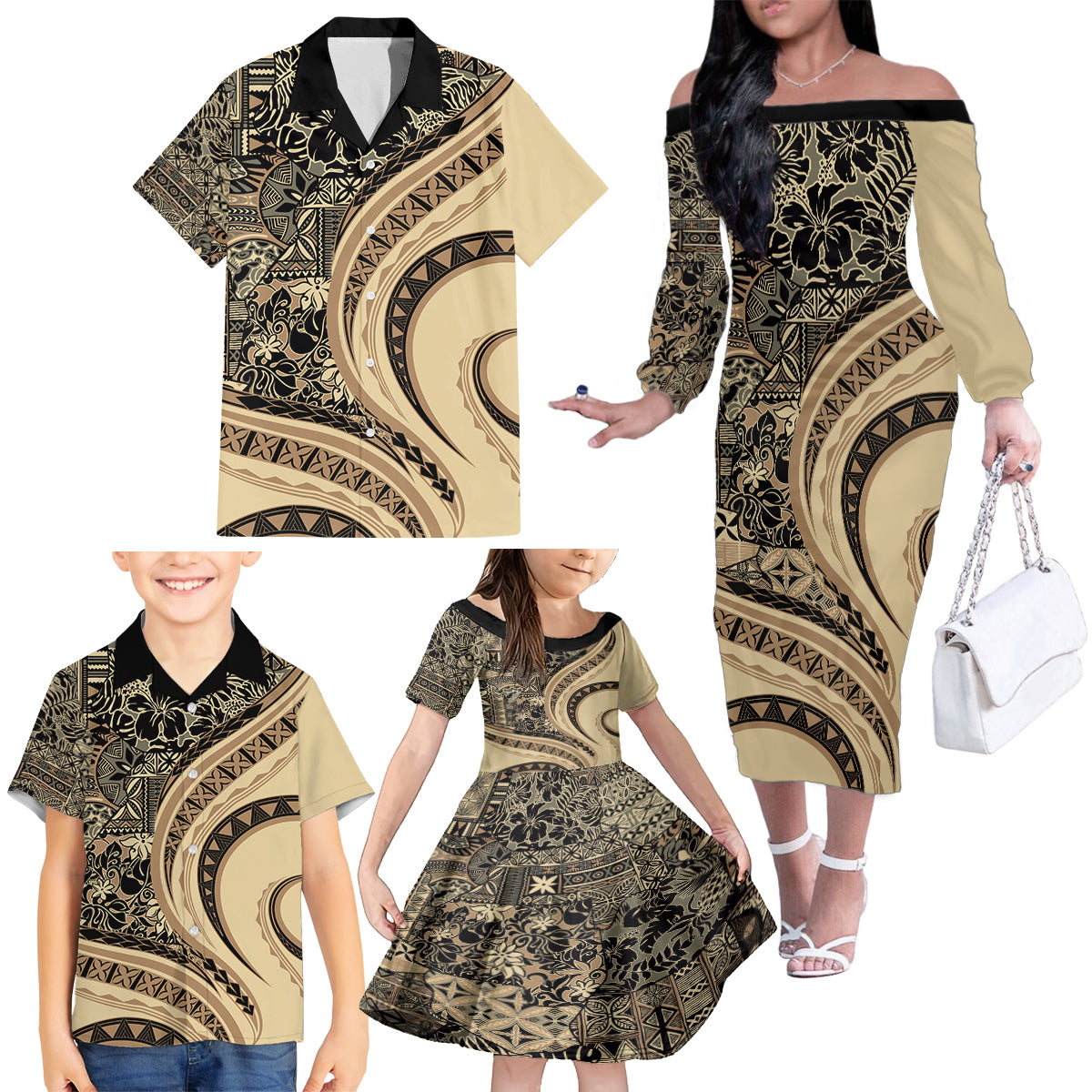Hawaiian Hibiscus Tribal Vintage Motif Family Matching Off The Shoulder Long Sleeve Dress and Hawaiian Shirt Ver 2