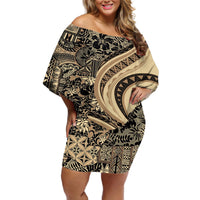 Hawaiian Hibiscus Tribal Vintage Motif Off Shoulder Short Dress Ver 2 LT9 Women Beige - Polynesian Pride