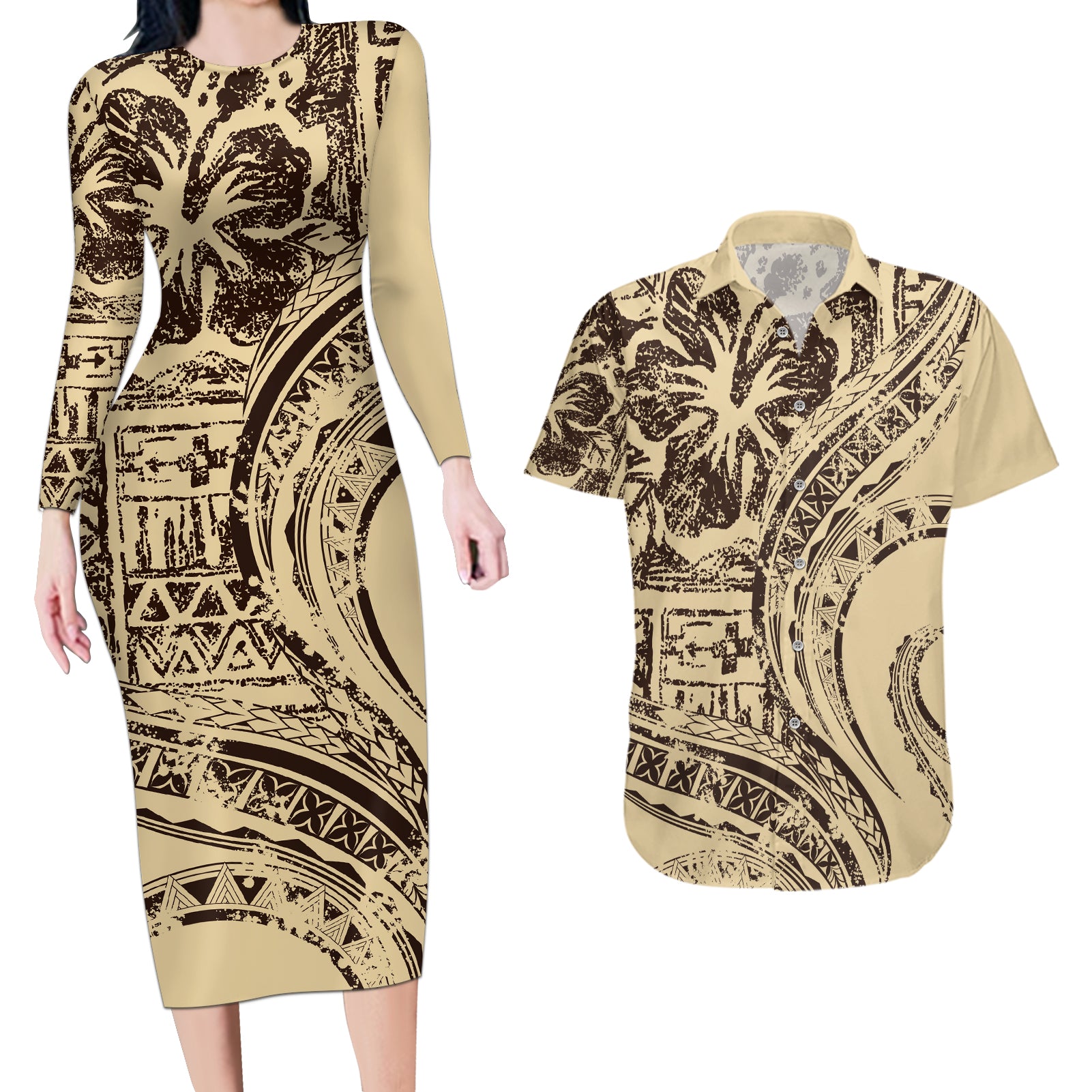 Hawaiian Hibiscus Tribal Vintage Motif Couples Matching Long Sleeve Bodycon Dress and Hawaiian Shirt Ver 3
