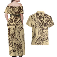 Hawaiian Hibiscus Tribal Vintage Motif Couples Matching Off Shoulder Maxi Dress and Hawaiian Shirt Ver 3