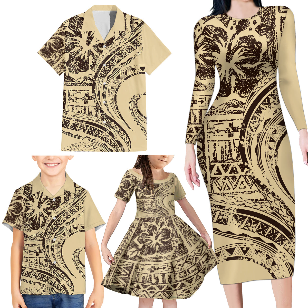 Hawaiian Hibiscus Tribal Vintage Motif Family Matching Long Sleeve Bodycon Dress and Hawaiian Shirt Ver 3