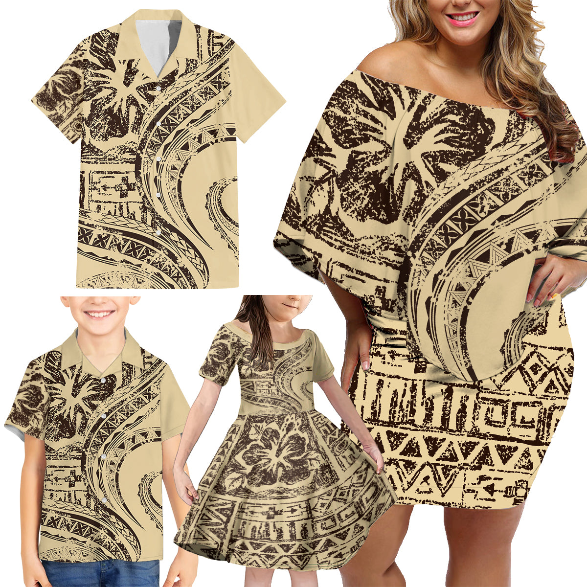 Hawaiian Hibiscus Tribal Vintage Motif Family Matching Off Shoulder Short Dress and Hawaiian Shirt Ver 3