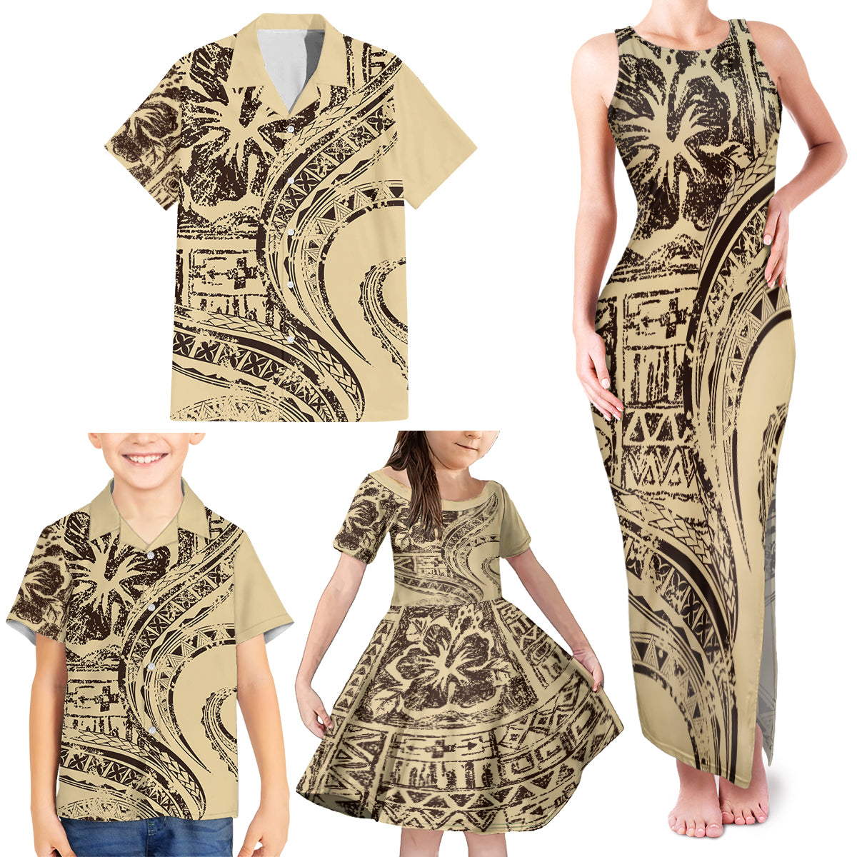 Hawaiian Hibiscus Tribal Vintage Motif Family Matching Tank Maxi Dress and Hawaiian Shirt Ver 3