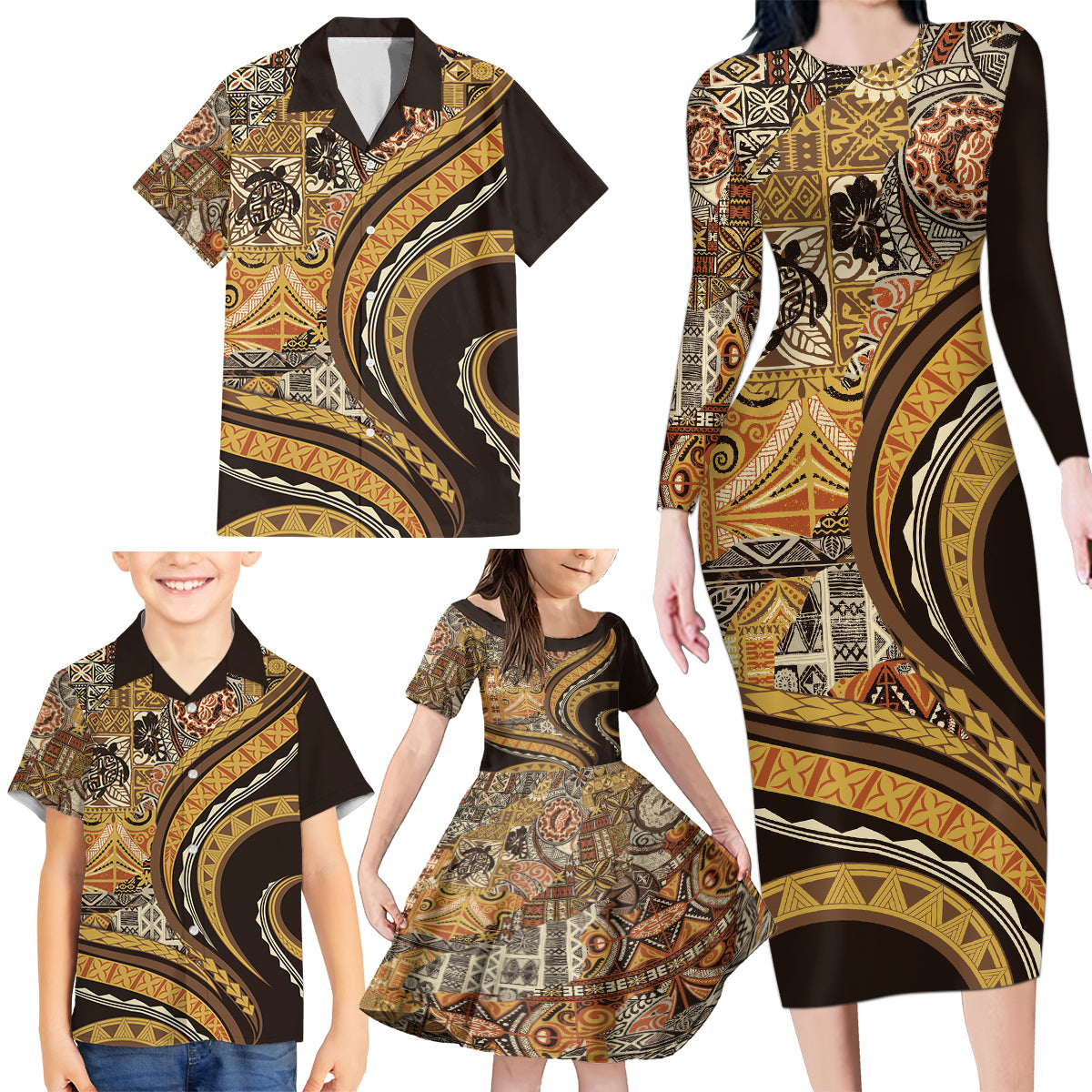 Hawaiian Hibiscus Tribal Vintage Motif Family Matching Long Sleeve Bodycon Dress and Hawaiian Shirt Ver 4