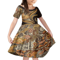Hawaiian Hibiscus Tribal Vintage Motif Family Matching Short Sleeve Bodycon Dress and Hawaiian Shirt Ver 4 LT9 Daughter's Dress Gold - Polynesian Pride