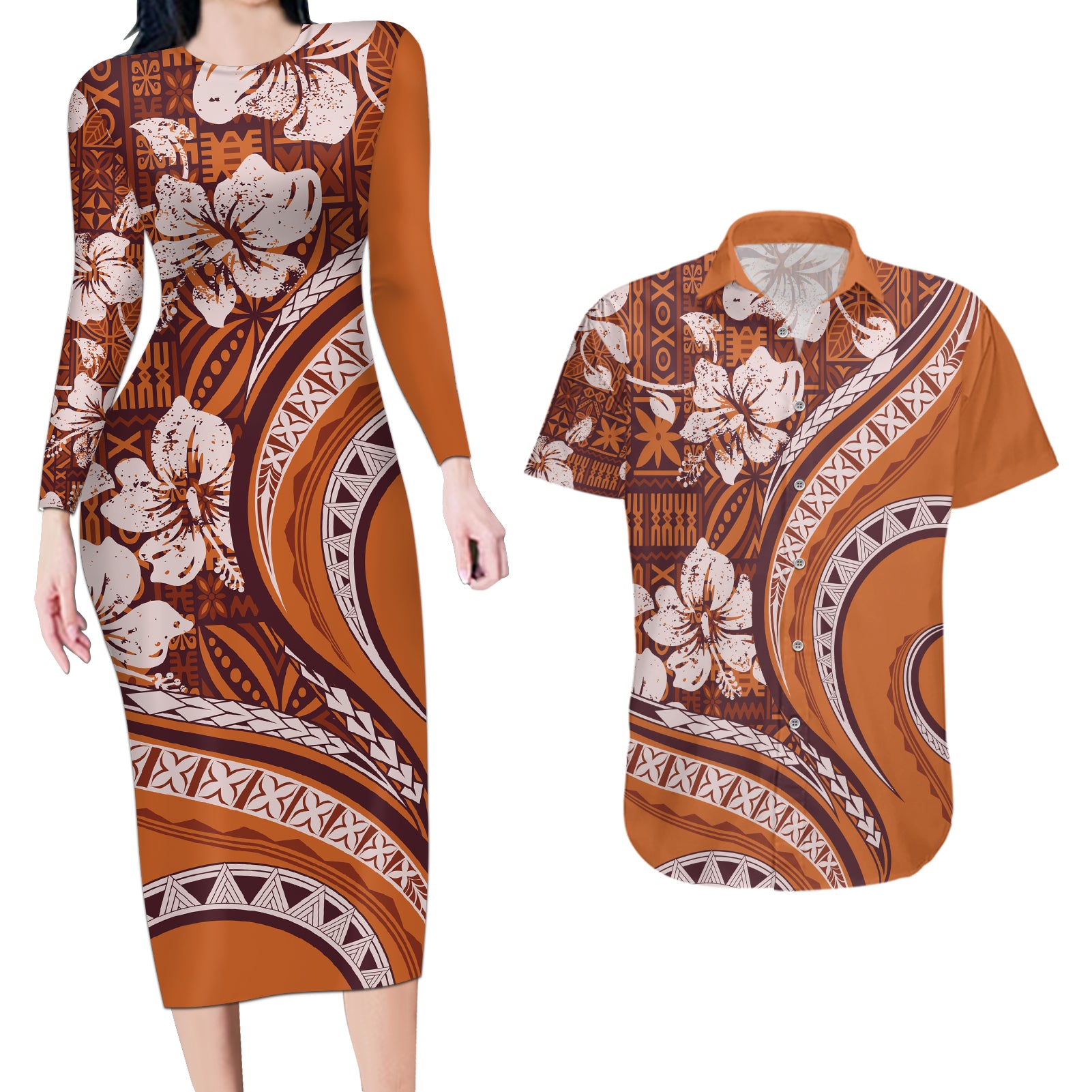 Hawaiian Hibiscus Tribal Vintage Motif Couples Matching Long Sleeve Bodycon Dress and Hawaiian Shirt Ver 5