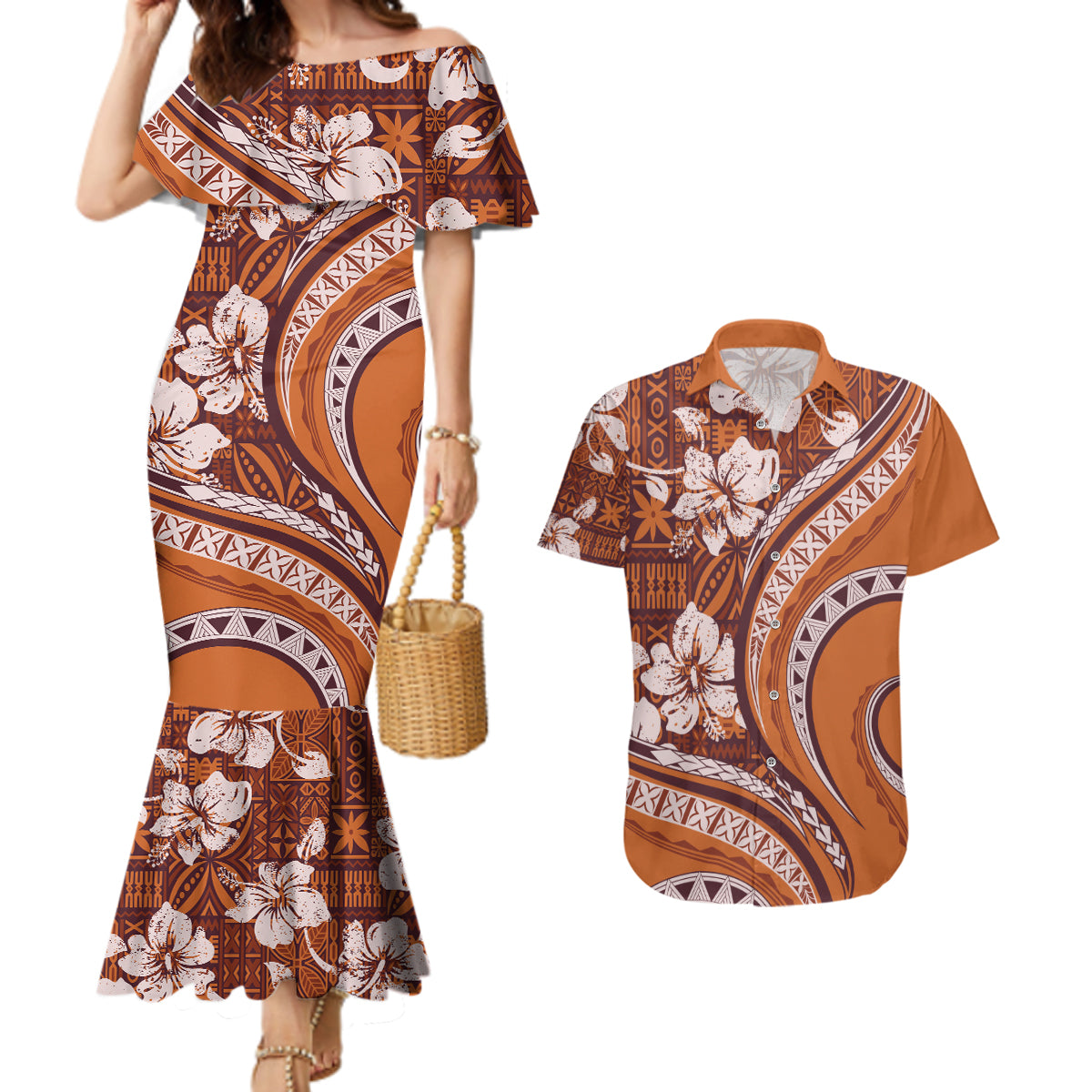 Hawaiian Hibiscus Tribal Vintage Motif Couples Matching Mermaid Dress and Hawaiian Shirt Ver 5