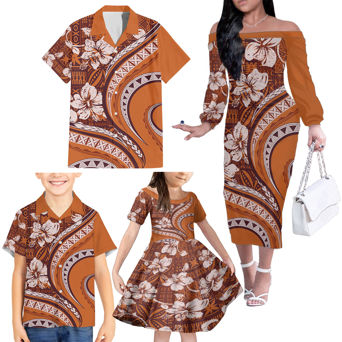 Hawaiian Hibiscus Tribal Vintage Motif Family Matching Off The Shoulder Long Sleeve Dress and Hawaiian Shirt Ver 5