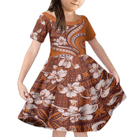Hawaiian Hibiscus Tribal Vintage Motif Family Matching Short Sleeve Bodycon Dress and Hawaiian Shirt Ver 5 LT9 Daughter's Dress Gold - Polynesian Pride