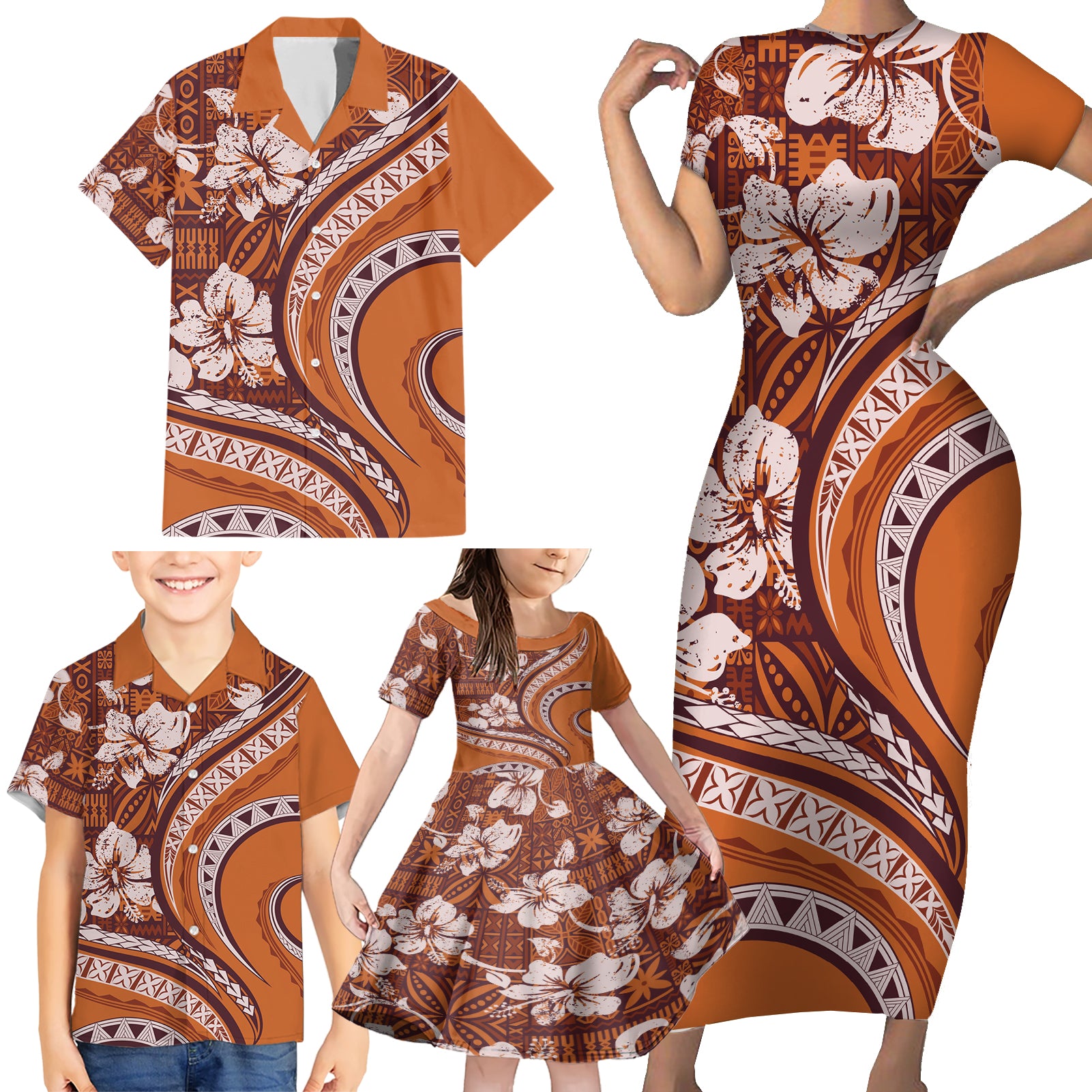Hawaiian Hibiscus Tribal Vintage Motif Family Matching Short Sleeve Bodycon Dress and Hawaiian Shirt Ver 5