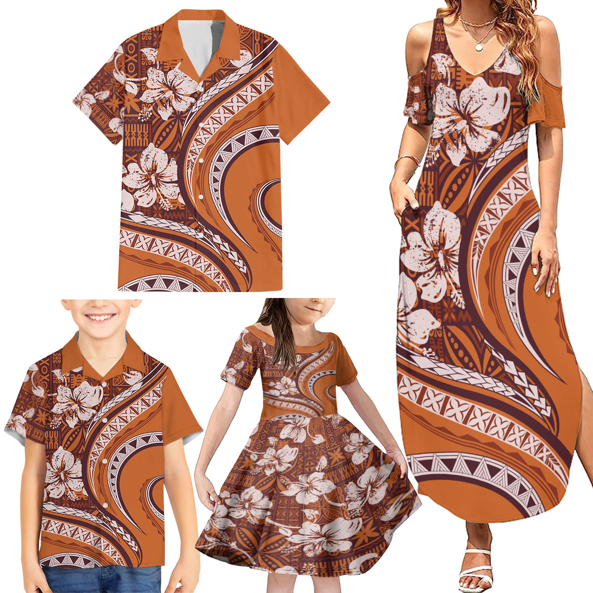 Hawaiian Hibiscus Tribal Vintage Motif Family Matching Summer Maxi Dress and Hawaiian Shirt Ver 5