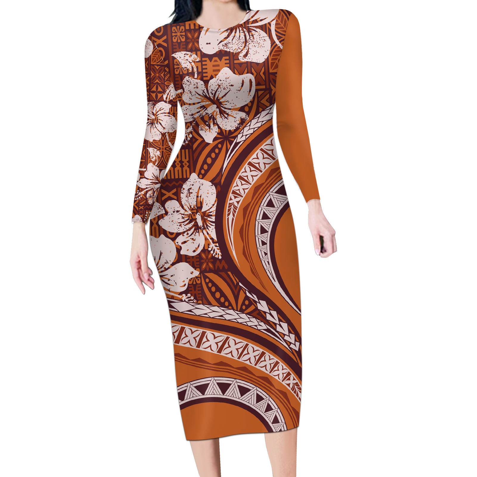 Hawaiian Hibiscus Tribal Vintage Motif Long Sleeve Bodycon Dress Ver 5