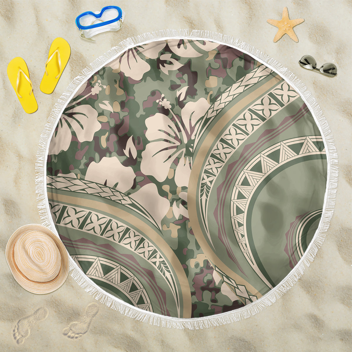 Hawaiian Hibiscus Tribal Vintage Motif Beach Blanket Ver 6