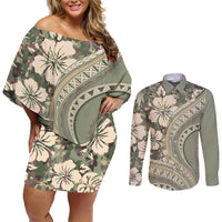 Hawaiian Hibiscus Tribal Vintage Motif Couples Matching Off Shoulder Short Dress and Long Sleeve Button Shirt Ver 6