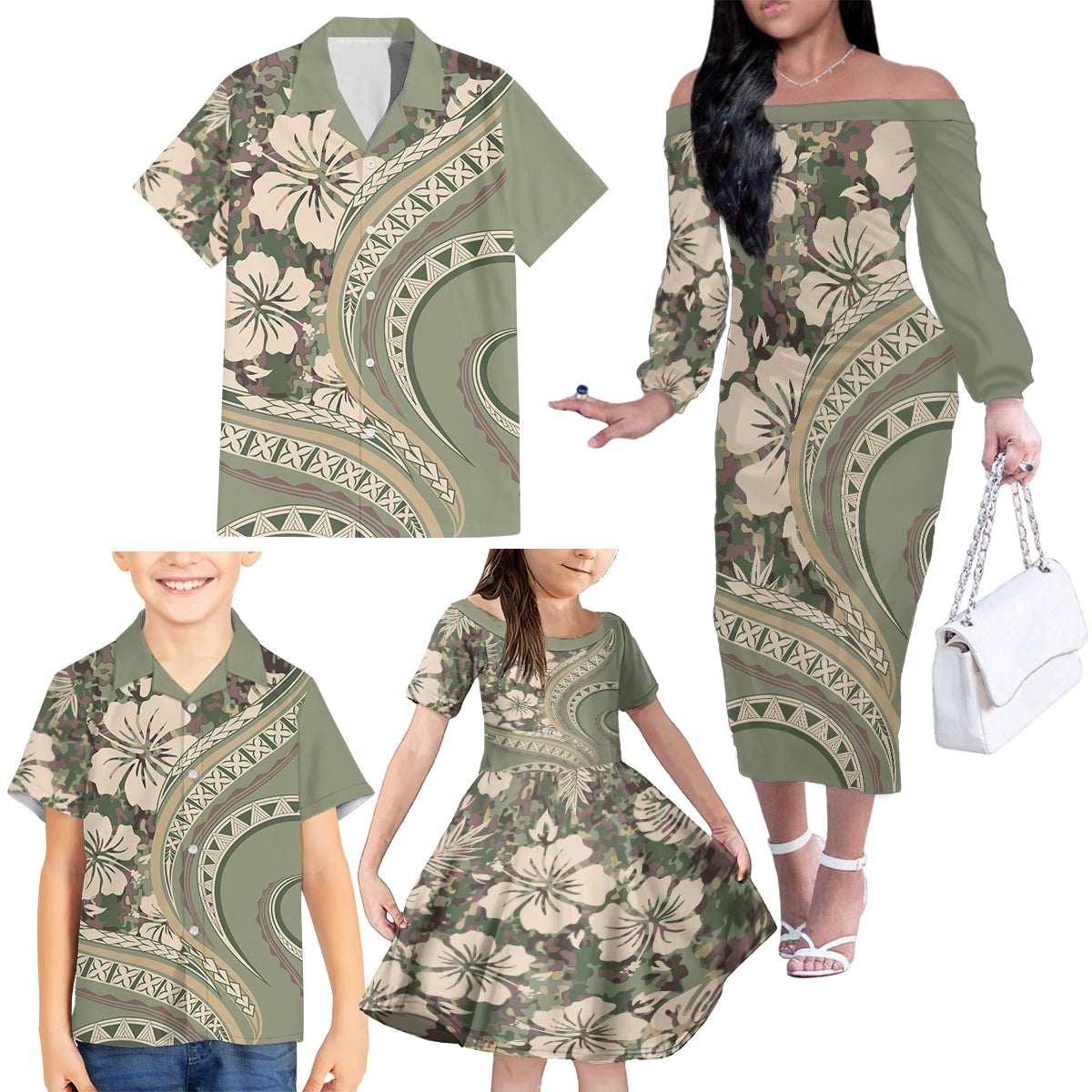 Hawaiian Hibiscus Tribal Vintage Motif Family Matching Off The Shoulder Long Sleeve Dress and Hawaiian Shirt Ver 6