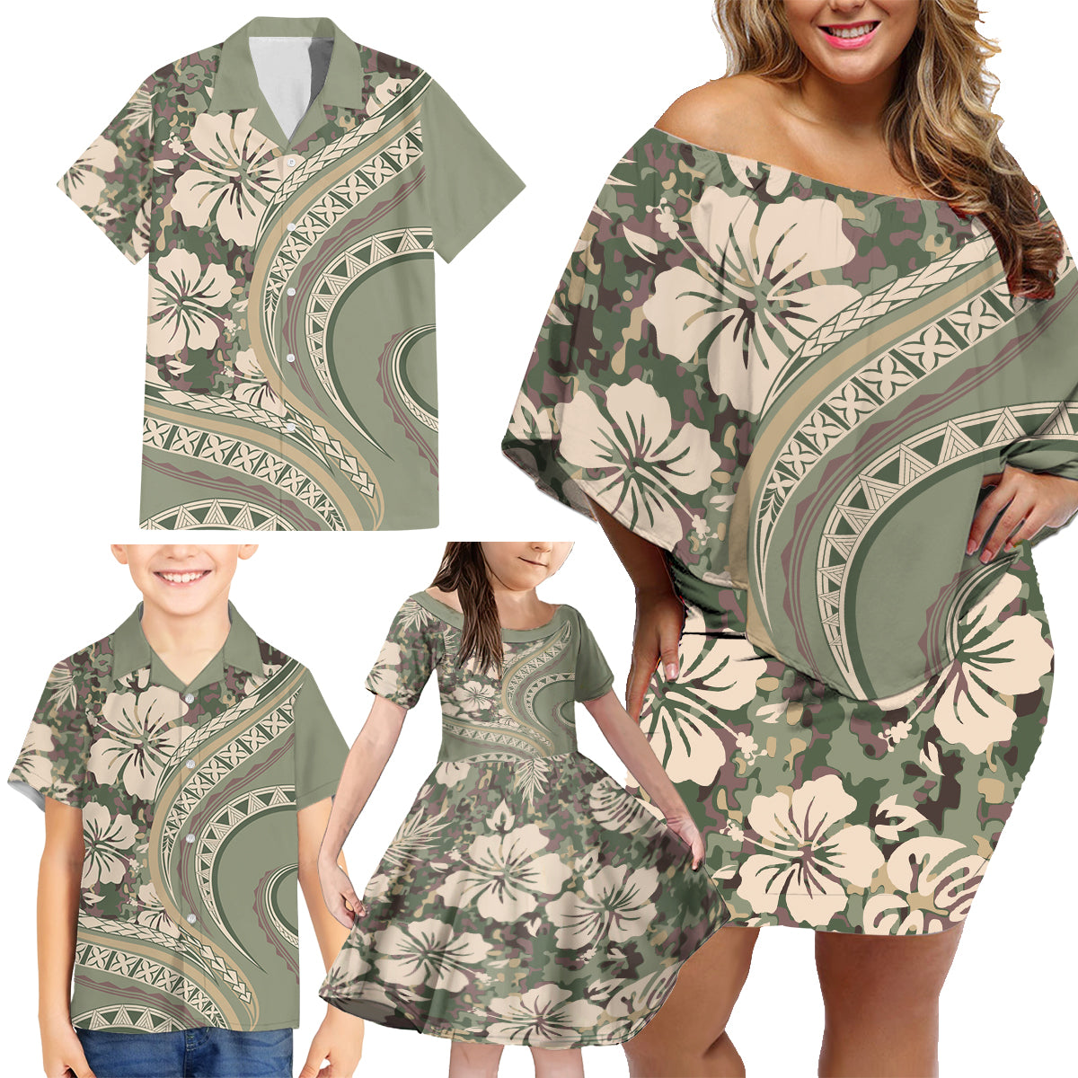 Hawaiian Hibiscus Tribal Vintage Motif Family Matching Off Shoulder Short Dress and Hawaiian Shirt Ver 6