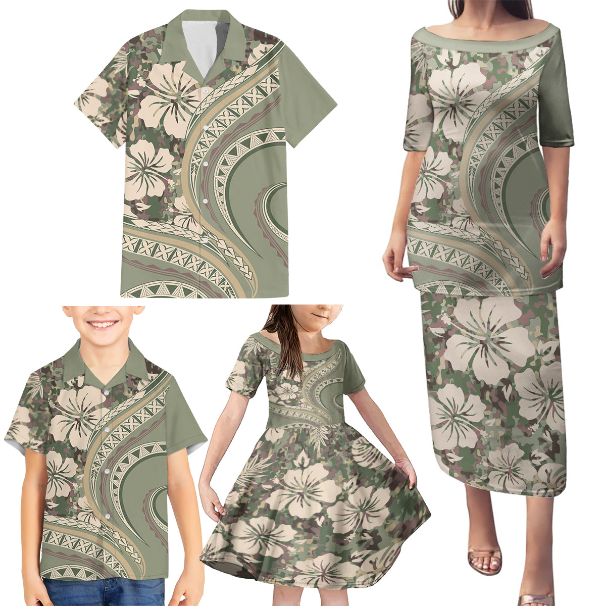 Hawaiian Hibiscus Tribal Vintage Motif Family Matching Puletasi and Hawaiian Shirt Ver 6
