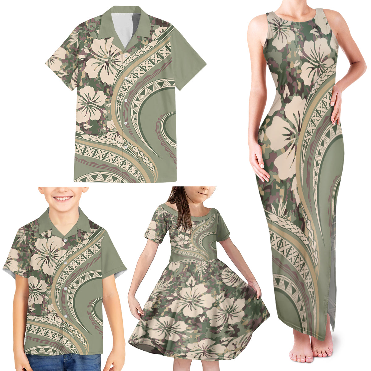 Hawaiian Hibiscus Tribal Vintage Motif Family Matching Tank Maxi Dress and Hawaiian Shirt Ver 6
