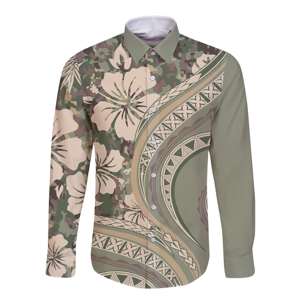 Hawaiian Hibiscus Tribal Vintage Motif Long Sleeve Button Shirt Ver 6