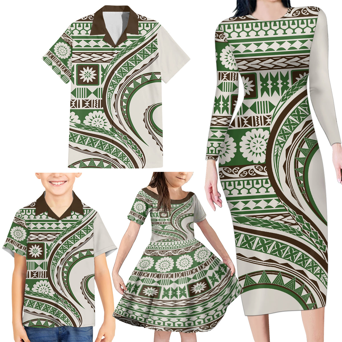 Hawaiian Hibiscus Tribal Vintage Motif Family Matching Long Sleeve Bodycon Dress and Hawaiian Shirt Ver 7