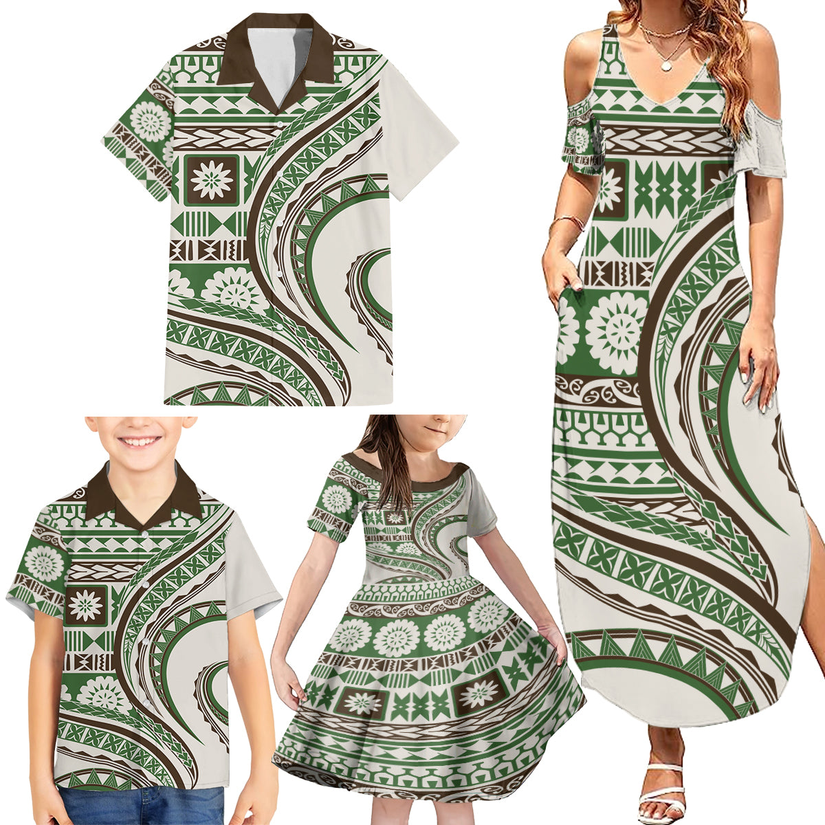 Hawaiian Hibiscus Tribal Vintage Motif Family Matching Summer Maxi Dress and Hawaiian Shirt Ver 7