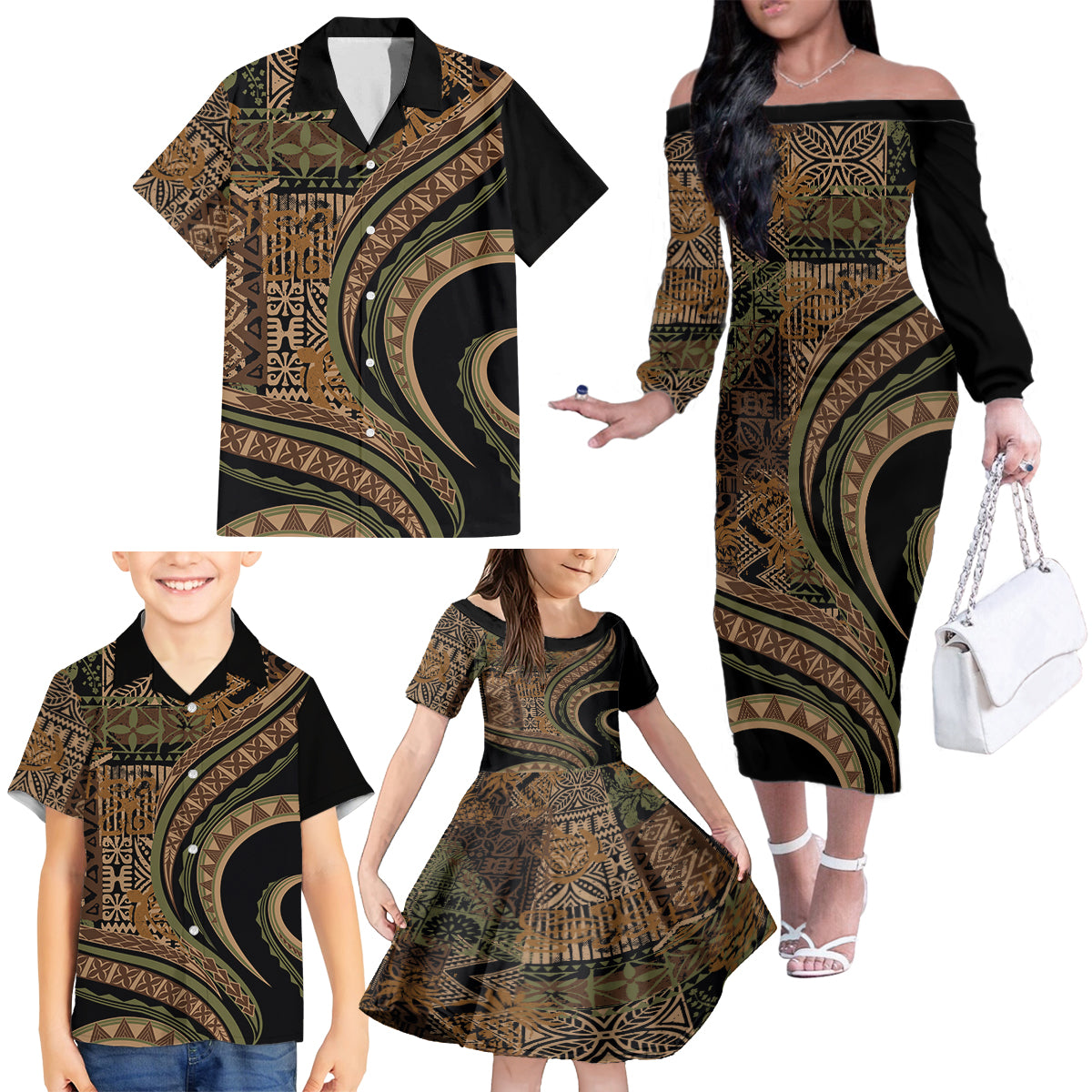 Hawaiian Hibiscus Tribal Vintage Motif Family Matching Off The Shoulder Long Sleeve Dress and Hawaiian Shirt Ver 8