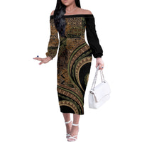 Hawaiian Hibiscus Tribal Vintage Motif Family Matching Off The Shoulder Long Sleeve Dress and Hawaiian Shirt Ver 8