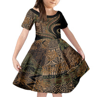 Hawaiian Hibiscus Tribal Vintage Motif Family Matching Short Sleeve Bodycon Dress and Hawaiian Shirt Ver 8 LT9 Daughter's Dress Brown - Polynesian Pride